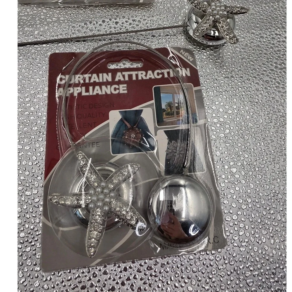 Magnetic Starfish Curtain Tiebacks Set of 3‎ Silver Rhinestone Pearl Beach O1